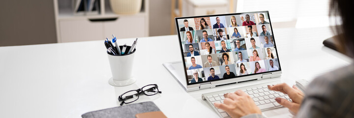 Virtual Hybrid Meeting In Office - obrazy, fototapety, plakaty