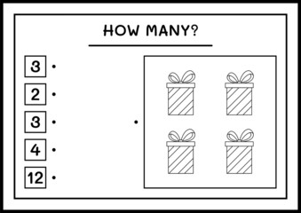 How many gift box, game for children. Vector illustration, printable worksheet