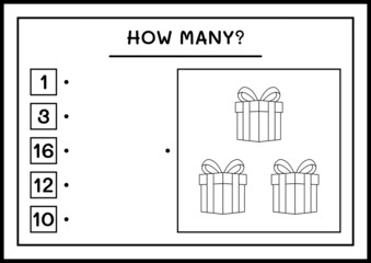How many gift box, game for children. Vector illustration, printable worksheet