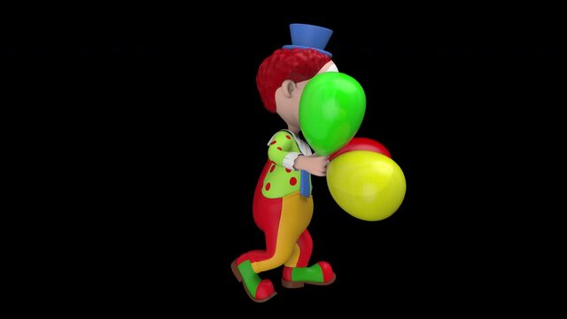 Cartoon clown with balloons - 3d render looped with alpha channel.