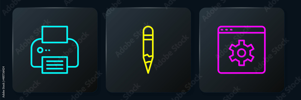 Poster set line printer, browser setting and pencil. black square button. vector
