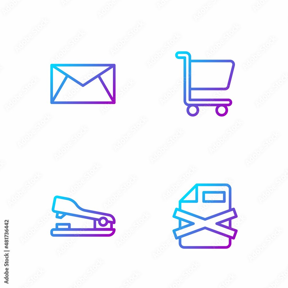 Poster Set line Delete file document, Stapler, Mail and e-mail and Shopping cart. Gradient color icons. Vector
