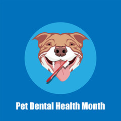 Vector Graphic Design Illustration, dog head and toothbrush. Pet Dental Health Month design concept. suitable for posters, banners, greeting cards.