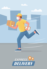 Express delivery concept. A man in a yellow cap and T-shirt runs with a package through the city. Vector illustration.
