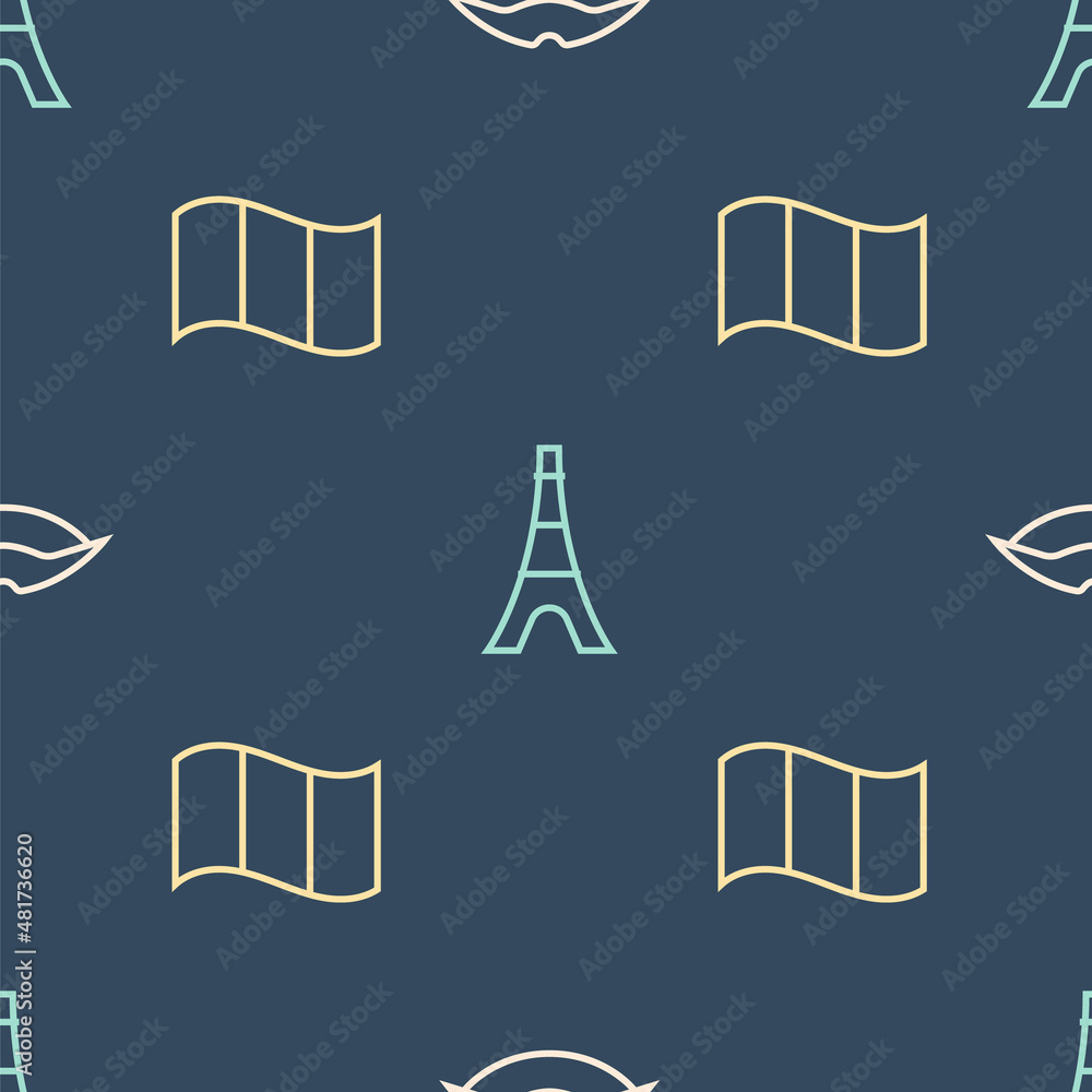 Poster set line smiling lips, flag france and eiffel tower on seamless pattern. vector