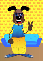 Funny cartoon dog showing the V sign, peace hand gesture. Vector illustration.