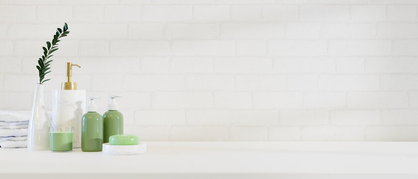 Modern stylish bathroom product bottles mockup on white countertop.