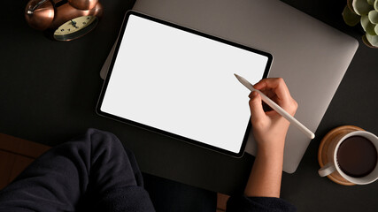 A female using stylus pen with digital tablet computer.