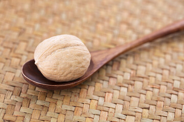 A dried walnut in a wooden spoon