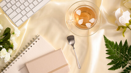 Beautiful stylish feminine workspace. top view