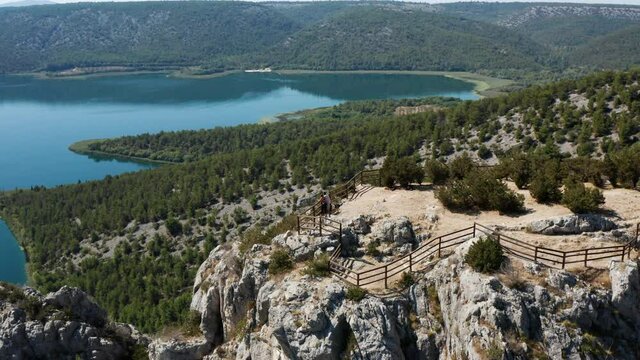 Aerial View Of Tourist Enjoying Nature At The Viewing Point Of Krka National Park In Croatia.