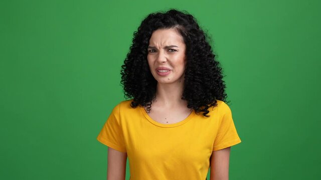 Frustrated lady hate awfull smell avoid isolated bright color background