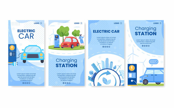 Charging Electric Car Batteries Stories Template Flat Illustration Editable of Square Background Suitable for Social Media or Web Internet Ads