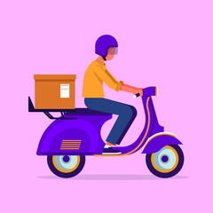 Fototapeta na wymiar Delivery man is carrying a package with violet scooter. Flat cartoon design. Vector illustration.