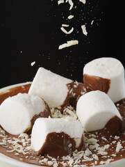 original collage. In chocolate cream, ice cream are white pieces of marshmallow. On a black background in a frozen flight, there are also pieces of marshmallows. Holiday, surprise, treat, romance.