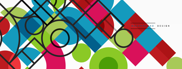 Fototapeta premium Circle and square geometric background. Round shapes with squares and triangles composition for wallpaper, banner, background or landing