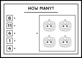 How many Pumpkin Mask, game for children. Vector illustration, printable worksheet