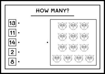 How many Owl, game for children. Vector illustration, printable worksheet