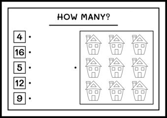 How many House, game for children. Vector illustration, printable worksheet