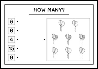 How many Balloon, game for children. Vector illustration, printable worksheet