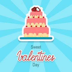 Sweet Valentines Day vector banner retro style. Big cake with cherry ang chocolate hearts on top. 14 February card design.