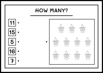 How many Witch, game for children. Vector illustration, printable worksheet