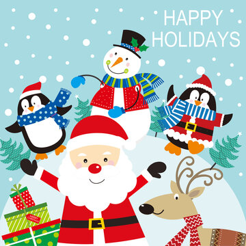 christmas card with santa, penguin, snowman and reindeer