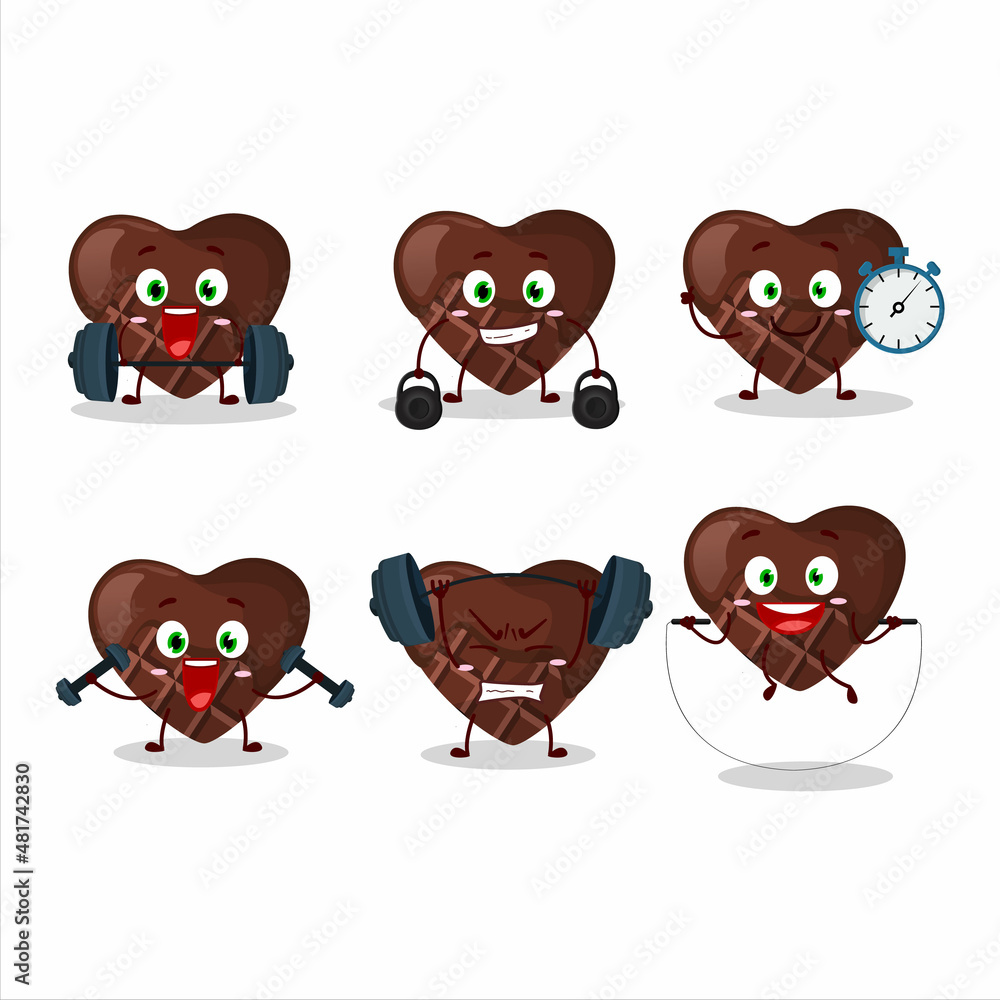 Poster A healthy chocolate love cartoon style trying some tools on Fitness center