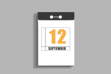september 12. 12th day of month, calendar date.White page of tear-off calendar, on gray insulated wall. Concept of day of year, time planner, autumn month