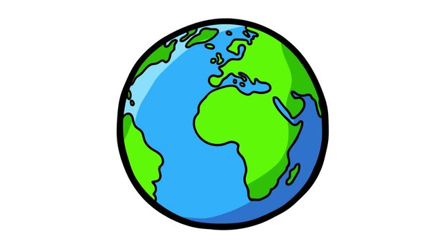 Earth cartoon 2d globe blue and green with black outline flat animation. Rotating linear planet. Good for modern explainer, educational or business film, titles, etc. Isolated.