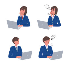 制服を着たパソコンに向かう男女のイラスト