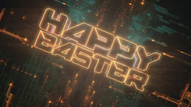 Happy Easter with computer scheme and neon lines, motion abstract holidays, futuristic and cyberpunk style background