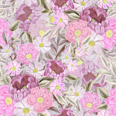 Spring flowers seamless pattern. Botanical background. Arrangement of pink and white wildflowers.