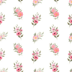 Spring flowers seamless pattern. Botanical background. Arrangement of pink and white wildflowers.