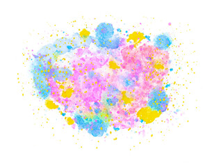 Hand drawn abstract watercolor splash with pink,blue,yellow and  purple on white background. Mix color of watercolor for background.