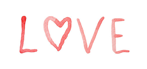 Hand drawn watercolor word "Love" in red texture of watercolor isolated on white background.
