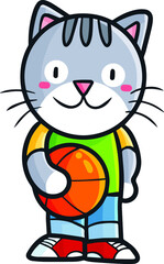 Cute grey cat holding basketball ball