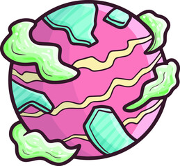 Cute pink planet with green clouds in cartoon style