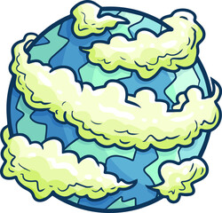 Funny green blue cloudy planet in cartoon style