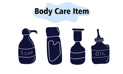 Items and elements for body care. Bathroom items, cosmetics, liquid soap, shampoo, oil. In a solid style. Vector illustration.