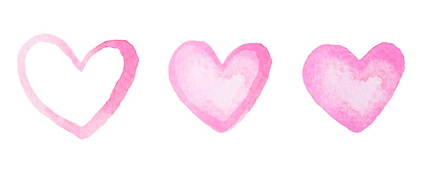 Set of hand drawn pink watercolor hearts isolated on white background.