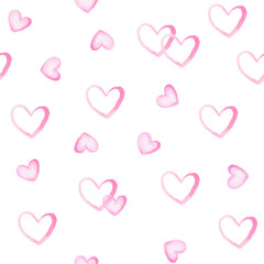 Hand drawn of pink watercolor hearts Isolated on white background. Seamless watercolor hearts pattern.