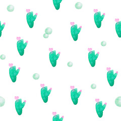 Hand drawn seamless pattern with watercolor green  cactus with green circle shape isolated on white background
