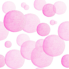 Watercolor hand painted seamless pattern of light pink circles isolated on white background