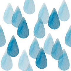 Hand drawn seamless pattern with watercolor rain drops isolated on white background
