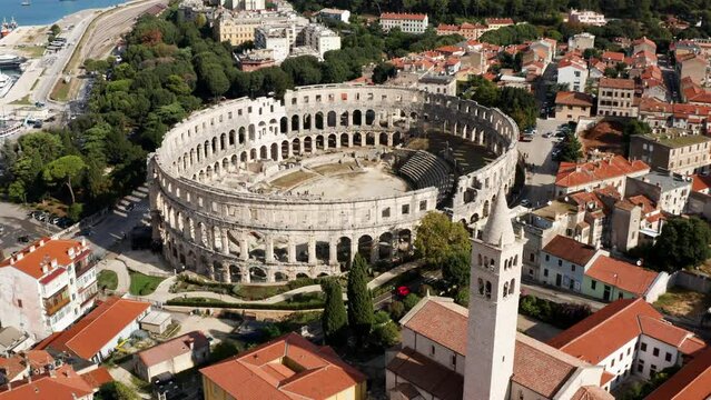Aerial View Of Pula Arena In Pula, Croatia At Daytime - drone shot