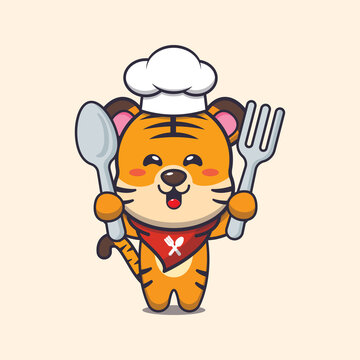 cute tiger chef mascot cartoon character holding spoon and fork 