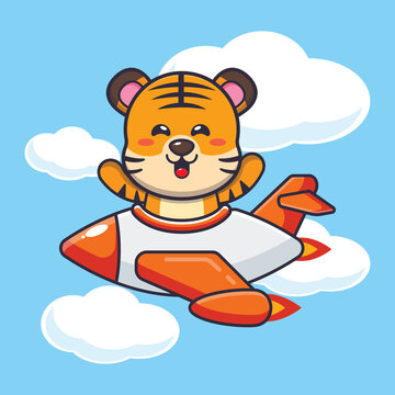 cute tiger mascot cartoon character ride on jet