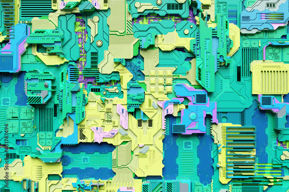 Aufkleber 3d illustration of the close up of the green cyber armor on neon lights. abstract graphics in the st