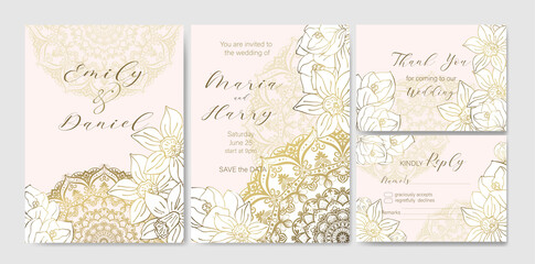 Set of luxury wedding invitation templates with spring flowers and mandala. Golden outline on a light background.